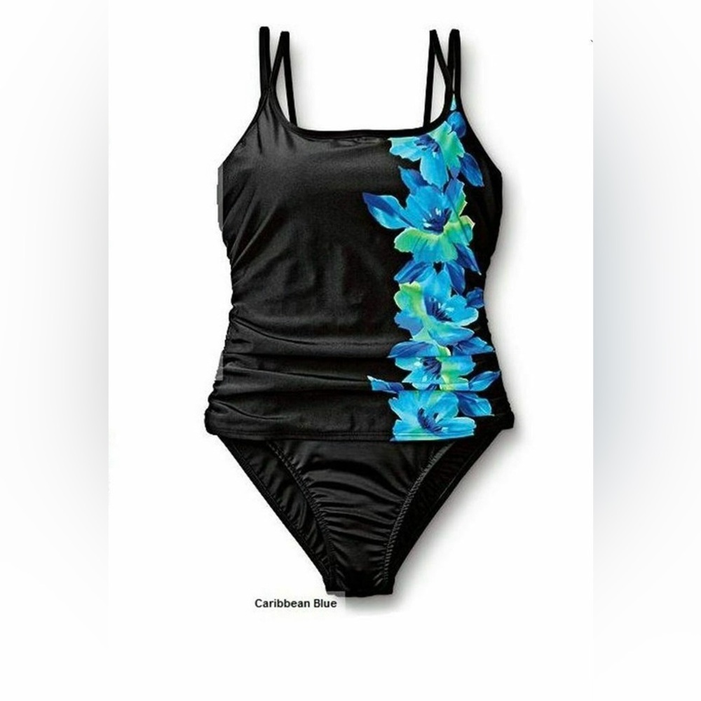 Miraclesuit Black Caribbean Blue Floral One Piece Swimsuit Size 18DD Vacation